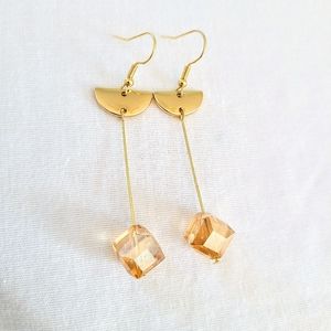 Subtle Delights Handmade Abstract Gold Tone & Cut Glass Cube Dangling Earrings